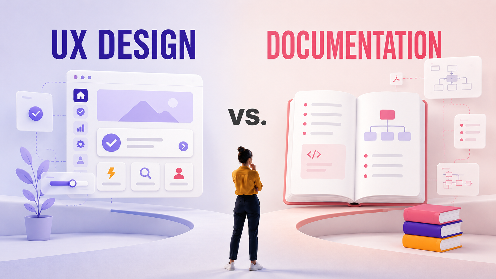 Illustration showing how UX design and technical documentation complement each other to help users navigate and understand complex products.